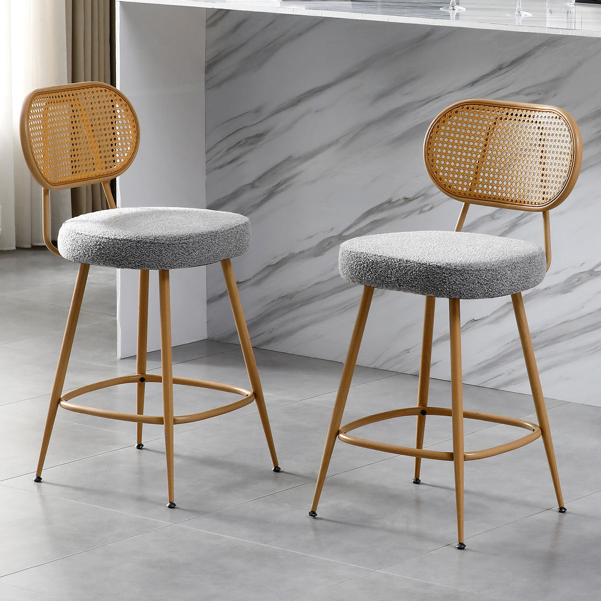26" Rattan Barstools Set of 2, Counter Height Armless Sherpa, Grey | Wooden Metal Combo Legs, Adjustable Feetpads, Pub Chair for Home Bar Counter, Kitchen Island & Cafe, Cozy Sherpa Seat, 300LBS