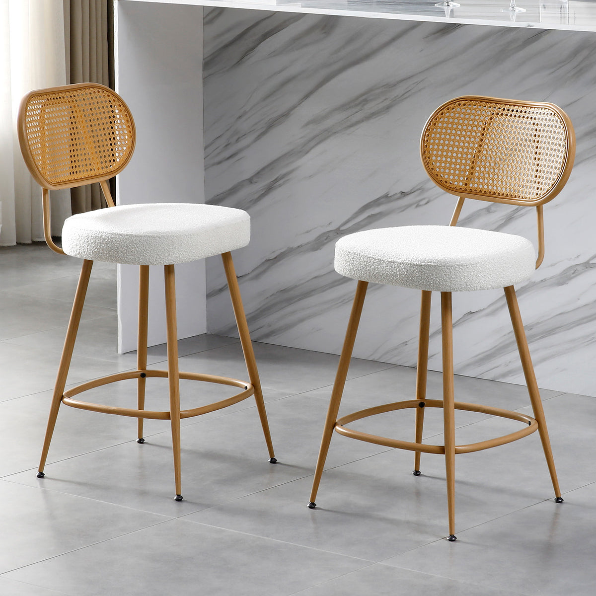 26" Rattan Barstools Set of 2, Counter Height Armless Sherpa, Grey | Wooden Metal Combo Legs, Adjustable Feetpads, Pub Chair for Home Bar Counter, Kitchen Island & Cafe, Cozy Sherpa Seat, 300LBS