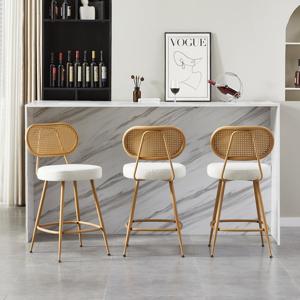 26" Rattan Barstools Set of 2, Counter Height Armless Sherpa, Grey | Wooden Metal Combo Legs, Adjustable Feetpads, Pub Chair for Home Bar Counter, Kitchen Island & Cafe, Cozy Sherpa Seat, 300LBS