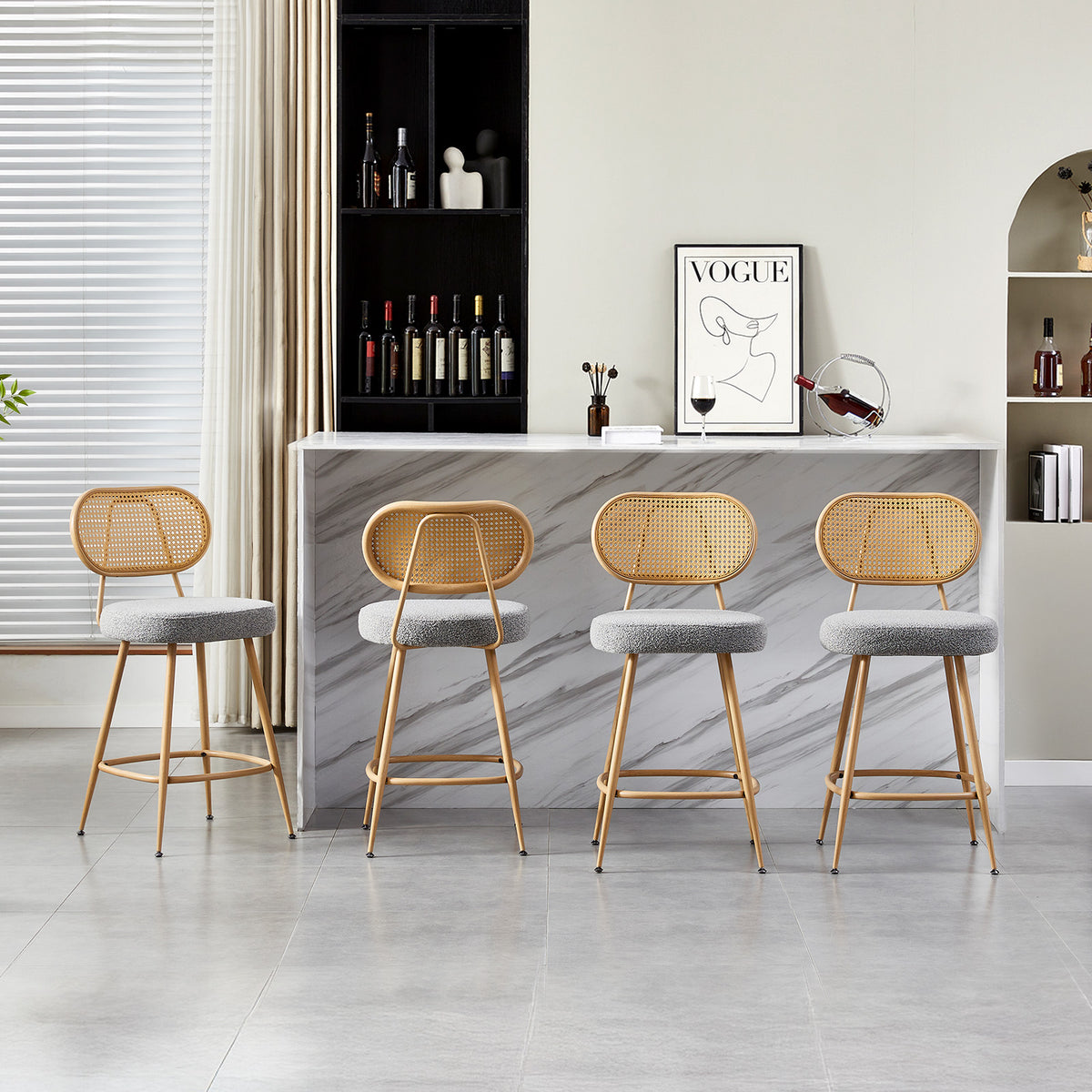 26" Rattan Barstools Set of 2, Counter Height Armless Sherpa, Grey | Wooden Metal Combo Legs, Adjustable Feetpads, Pub Chair for Home Bar Counter, Kitchen Island & Cafe, Cozy Sherpa Seat, 300LBS