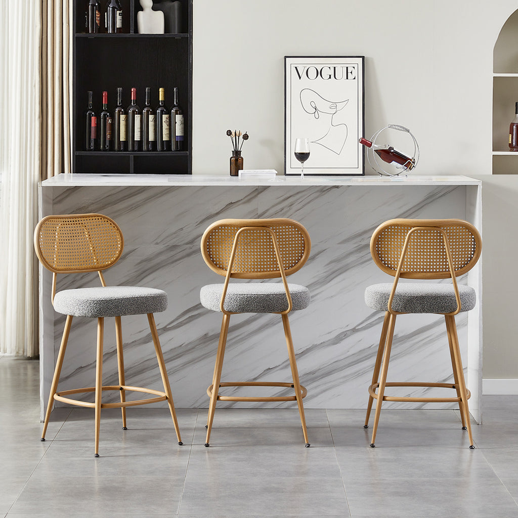 26" Rattan Barstools Set of 2, Counter Height Armless Sherpa, Grey | Wooden Metal Combo Legs, Adjustable Feetpads, Pub Chair for Home Bar Counter, Kitchen Island & Cafe, Cozy Sherpa Seat, 300LBS