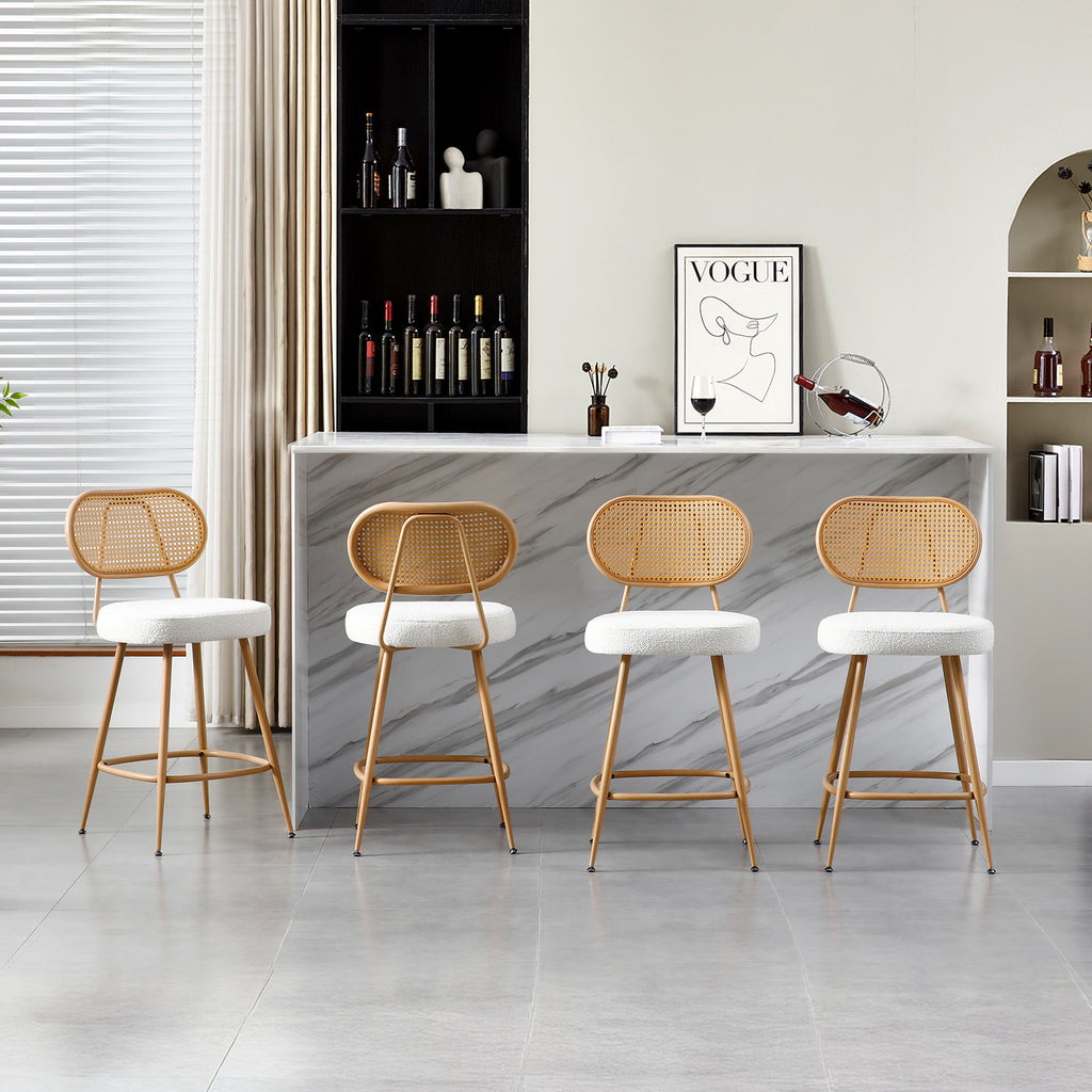 26" Rattan Barstools Set of 2, Counter Height Armless Sherpa, Grey | Wooden Metal Combo Legs, Adjustable Feetpads, Pub Chair for Home Bar Counter, Kitchen Island & Cafe, Cozy Sherpa Seat, 300LBS