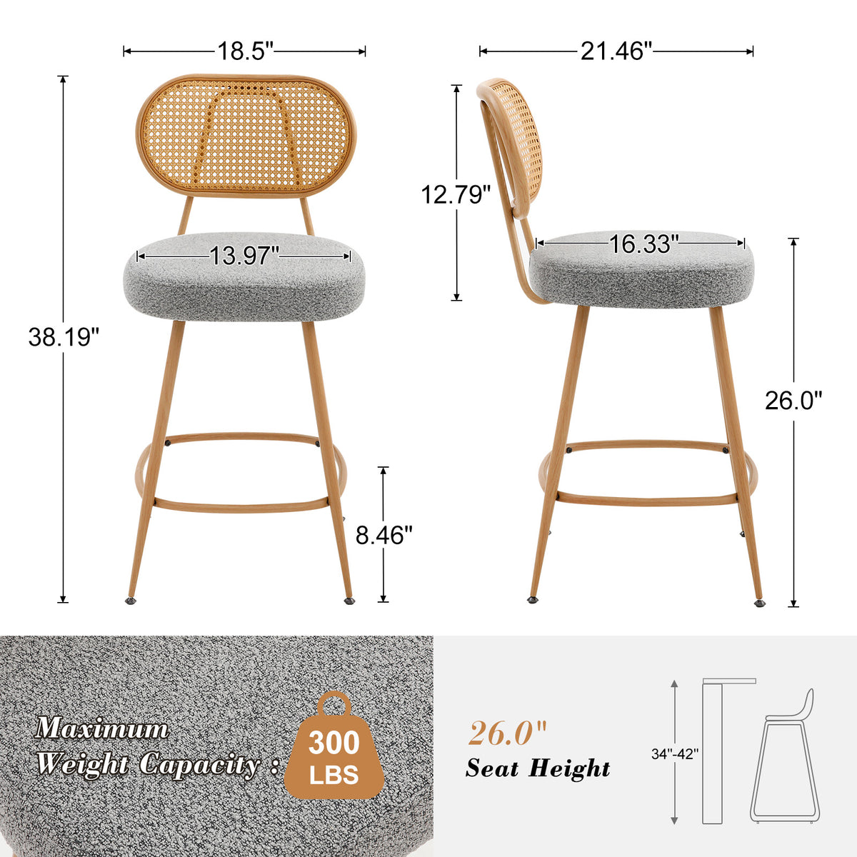 26" Rattan Barstools Set of 2, Counter Height Armless Sherpa, Grey | Wooden Metal Combo Legs, Adjustable Feetpads, Pub Chair for Home Bar Counter, Kitchen Island & Cafe, Cozy Sherpa Seat, 300LBS