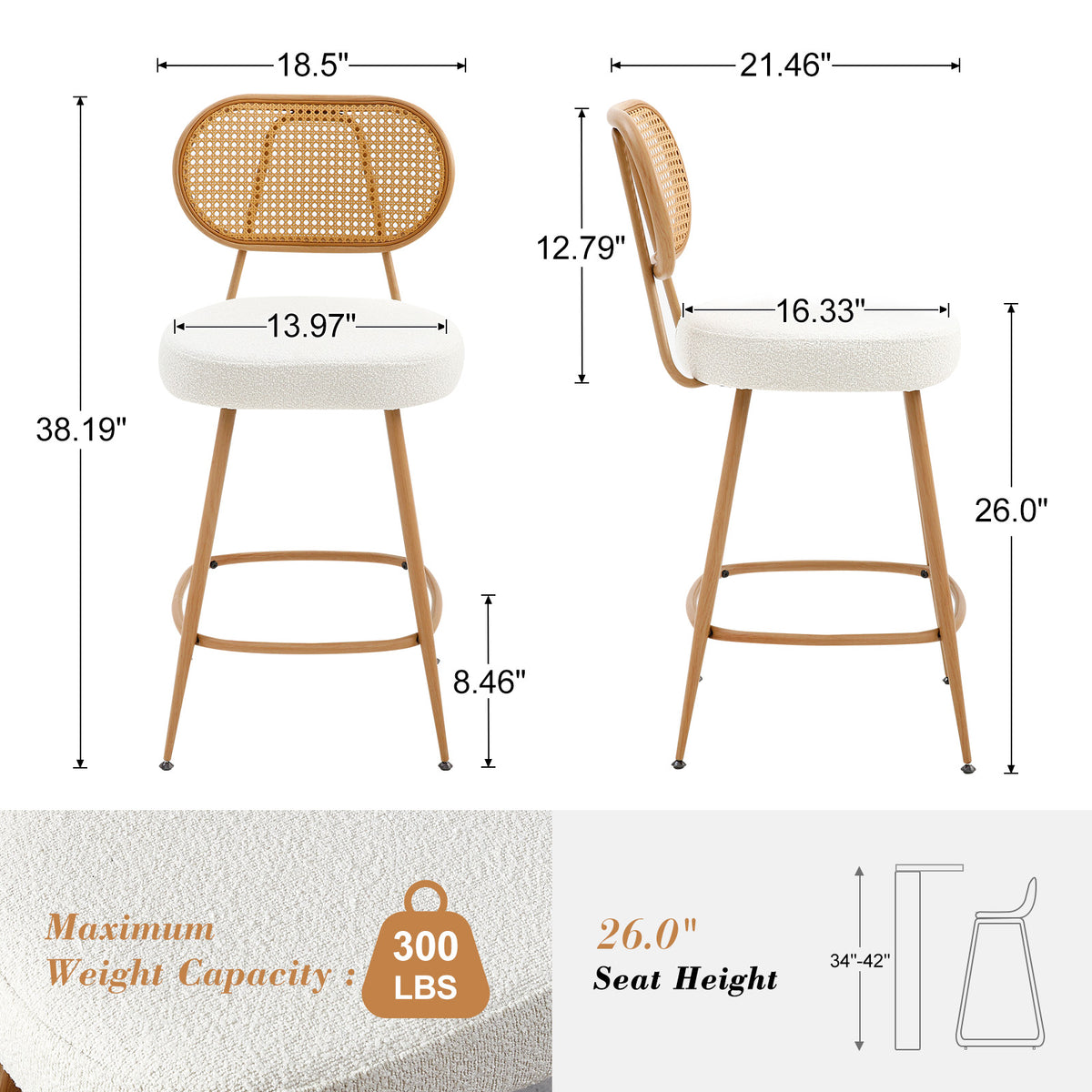 26" Rattan Barstools Set of 2, Counter Height Armless Sherpa, Grey | Wooden Metal Combo Legs, Adjustable Feetpads, Pub Chair for Home Bar Counter, Kitchen Island & Cafe, Cozy Sherpa Seat, 300LBS