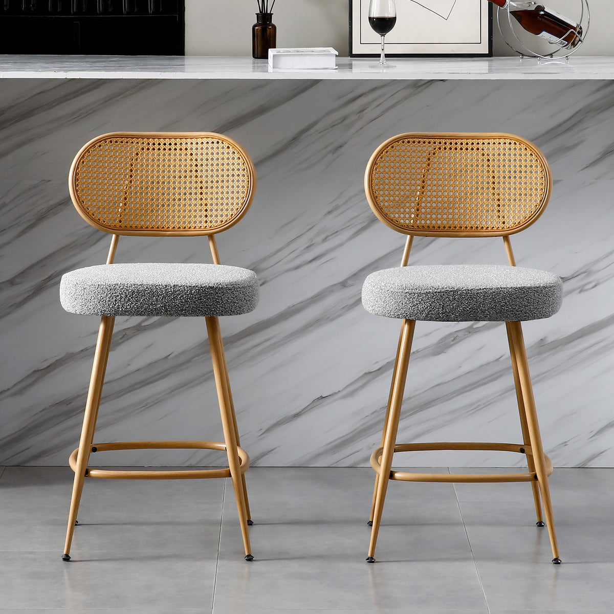 26" Rattan Barstools Set of 2, Counter Height Armless Sherpa, Grey | Wooden Metal Combo Legs, Adjustable Feetpads, Pub Chair for Home Bar Counter, Kitchen Island & Cafe, Cozy Sherpa Seat, 300LBS
