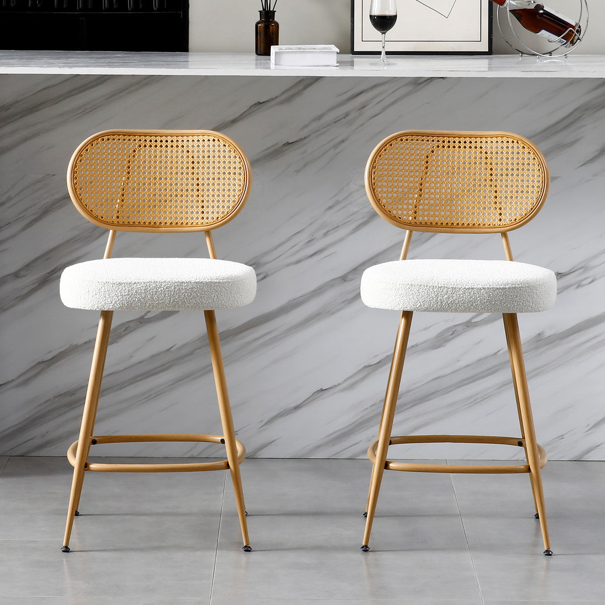 26" Rattan Barstools Set of 2, Counter Height Armless Sherpa, Grey | Wooden Metal Combo Legs, Adjustable Feetpads, Pub Chair for Home Bar Counter, Kitchen Island & Cafe, Cozy Sherpa Seat, 300LBS