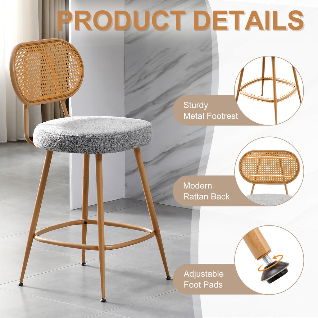 26" Rattan Barstools Set of 2, Counter Height Armless Sherpa, Grey | Wooden Metal Combo Legs, Adjustable Feetpads, Pub Chair for Home Bar Counter, Kitchen Island & Cafe, Cozy Sherpa Seat, 300LBS