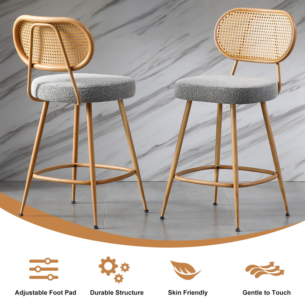 26" Rattan Barstools Set of 2, Counter Height Armless Sherpa, Grey | Wooden Metal Combo Legs, Adjustable Feetpads, Pub Chair for Home Bar Counter, Kitchen Island & Cafe, Cozy Sherpa Seat, 300LBS