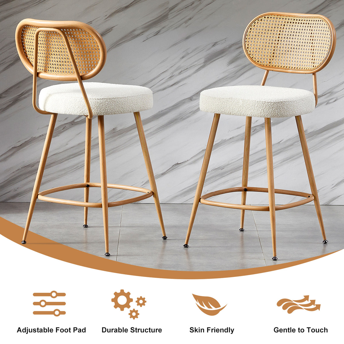 26" Rattan Barstools Set of 2, Counter Height Armless Sherpa, Grey | Wooden Metal Combo Legs, Adjustable Feetpads, Pub Chair for Home Bar Counter, Kitchen Island & Cafe, Cozy Sherpa Seat, 300LBS