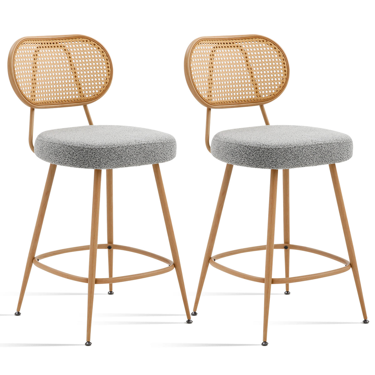 26" Rattan Barstools Set of 2, Counter Height Armless Sherpa, Grey | Wooden Metal Combo Legs, Adjustable Feetpads, Pub Chair for Home Bar Counter, Kitchen Island & Cafe, Cozy Sherpa Seat, 300LBS