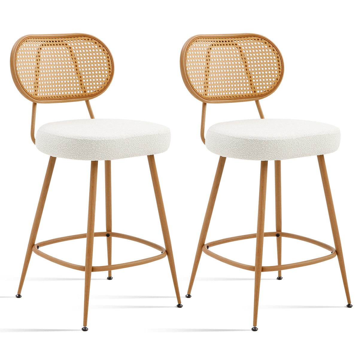 26" Rattan Barstools Set of 2, Counter Height Armless Sherpa, Grey | Wooden Metal Combo Legs, Adjustable Feetpads, Pub Chair for Home Bar Counter, Kitchen Island & Cafe, Cozy Sherpa Seat, 300LBS
