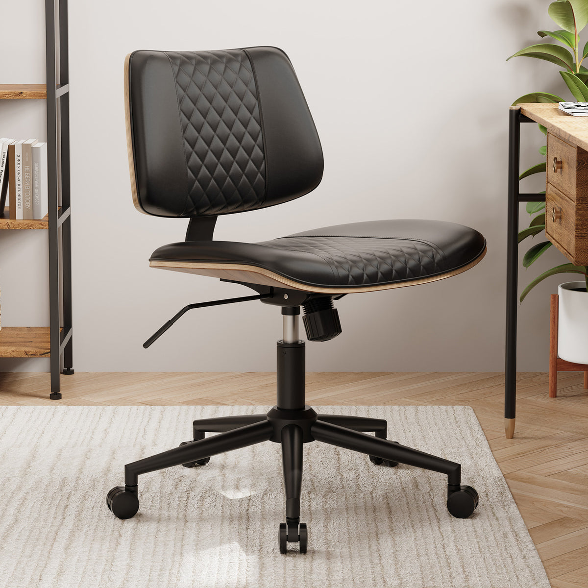 Home Office Chair No Arms with Wheels, Mid Back Walnut Style,Black-2 | Adjustable Height Small Desk Chair, PU Leather Mid Back 360 Swivel Computer Seating, Armless Walnut Office Chair, 300LBS