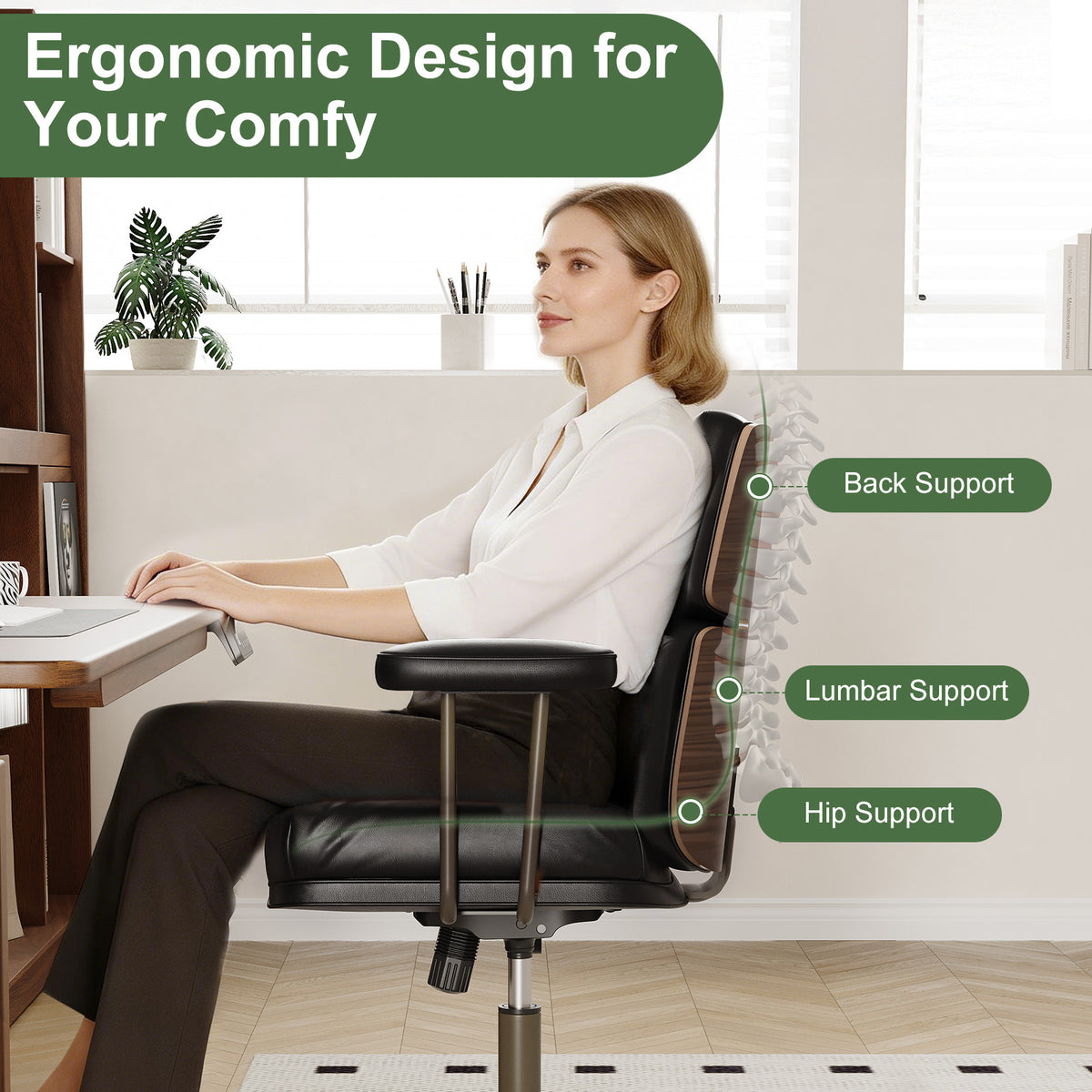 Mid-Century Modern Ergonomic Office Chair, Mid Back & Tufted, Black | Faux Leather Executive Desk Chair, Walnut Bentwood Frame, Tufted Design, Swivel Computer Chair for Home Office, 300LBS Cap