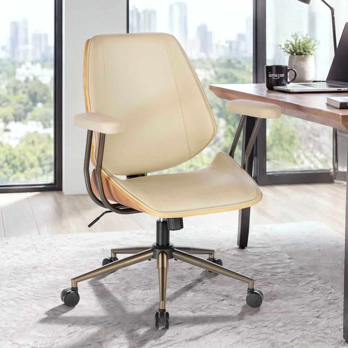 Modern Mid Back Office Chair, Adjustable Swivel Desk Chair with Arms, Black | Faux leather seat, wood accent detail, mid-back with padded armrests, adjustable swivel, for home office, bedroom & study