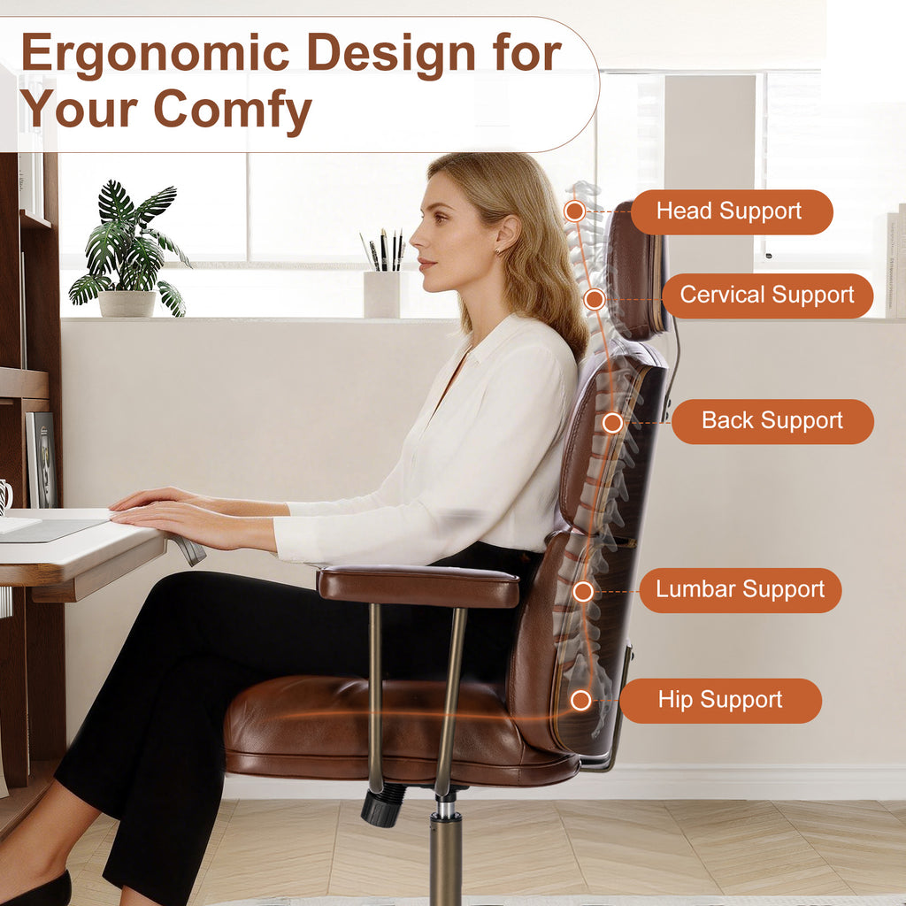 Mid-Century Modern Ergonomic Office Chair, High Back Headrest, Black | Faux Leather Executive Desk Chair, Walnut Bentwood & Adjustable Headrest, Swivel Computer Chair for Home Office, 300LBS Cap