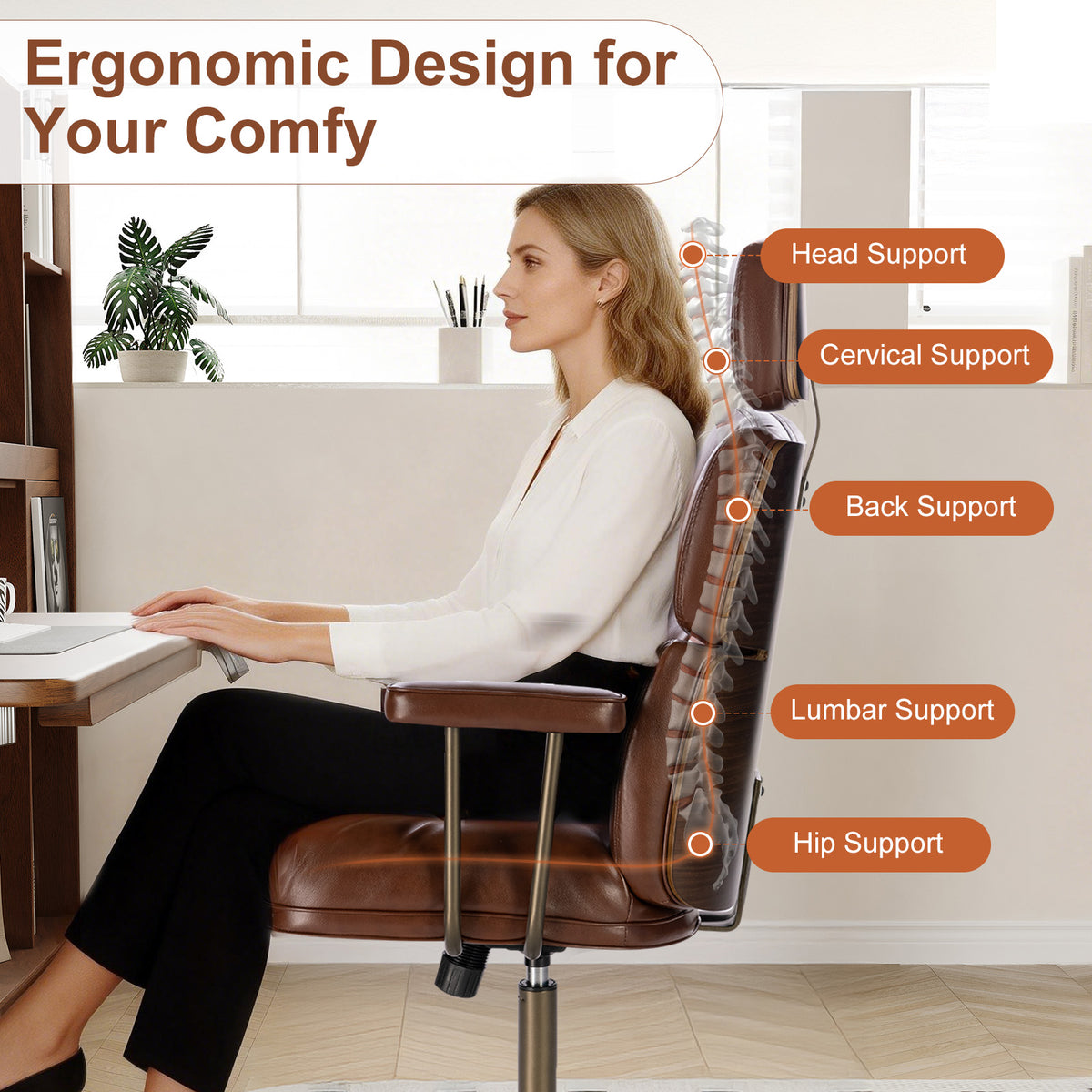 Mid-Century Modern Ergonomic Office Chair, High Back Headrest, Black | Faux Leather Executive Desk Chair, Walnut Bentwood & Adjustable Headrest, Swivel Computer Chair for Home Office, 300LBS Cap