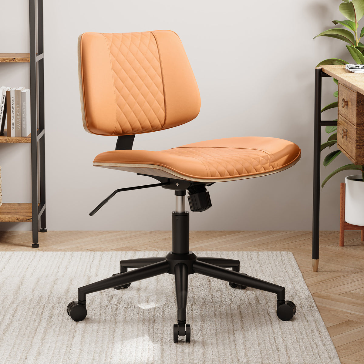 Home Office Chair No Arms with Wheels, Mid Back Walnut Style