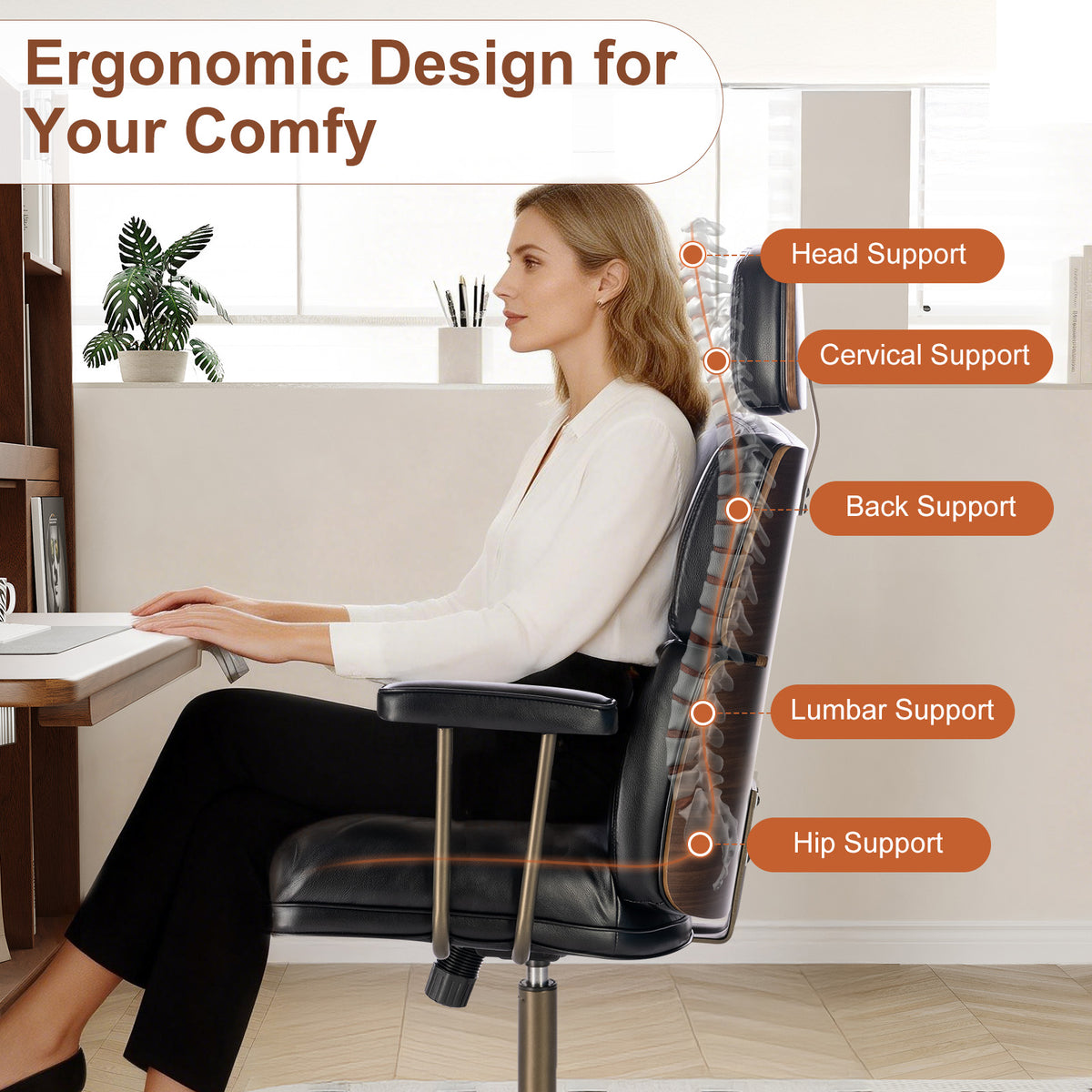 Mid-Century Modern Ergonomic Office Chair, High Back Headrest, Black | Faux Leather Executive Desk Chair, Walnut Bentwood & Adjustable Headrest, Swivel Computer Chair for Home Office, 300LBS Cap