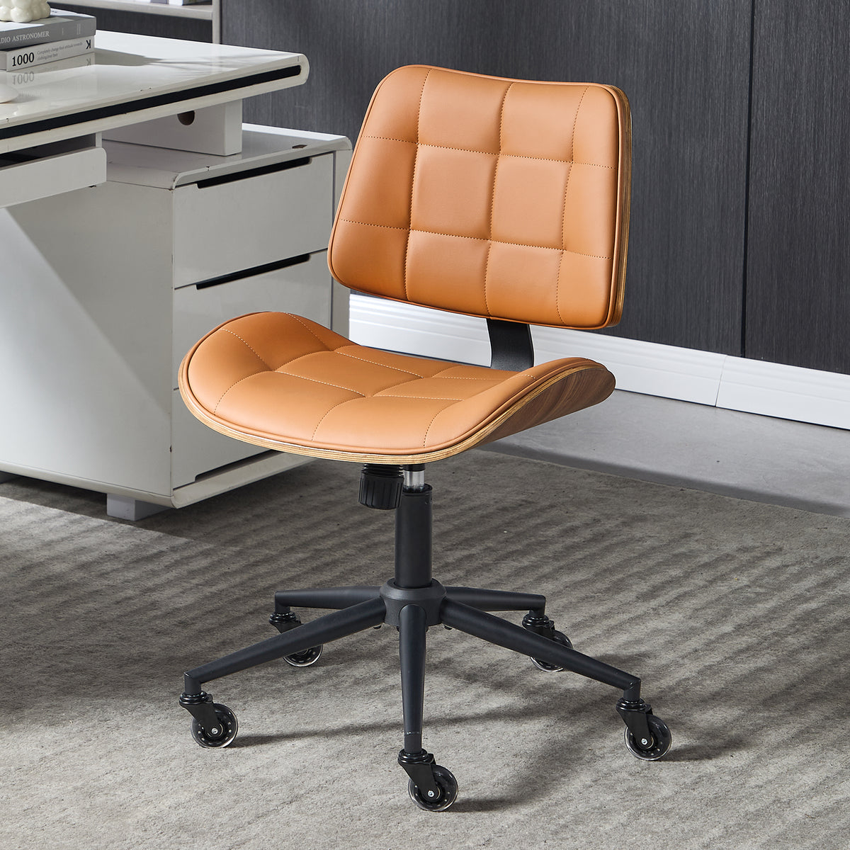 Home Office Desk Chair with Rubber Wheels, Armless Bentwood, Beige | Adjustable Height Armless Office Chair, PU Leather Mid Back 360°Small Computer Chair, No Arms Walnut Seating, 300LBS Support