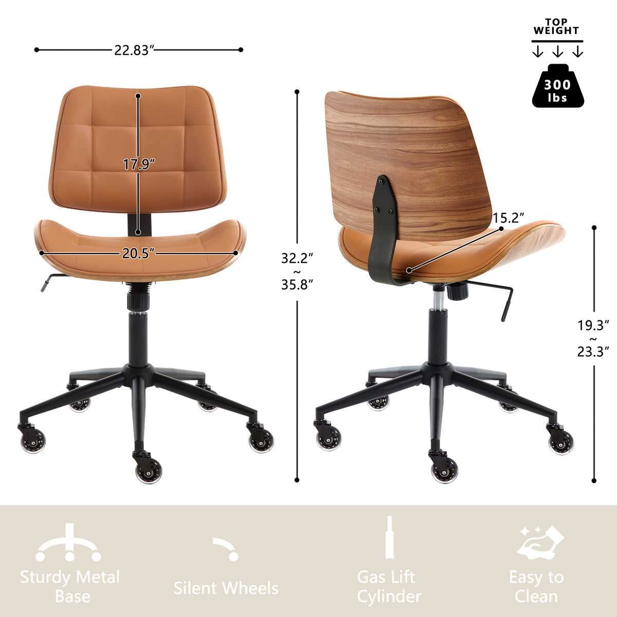 Home Office Desk Chair with Rubber Wheels, Armless Bentwood, Beige | Adjustable Height Armless Office Chair, PU Leather Mid Back 360°Small Computer Chair, No Arms Walnut Seating, 300LBS Support