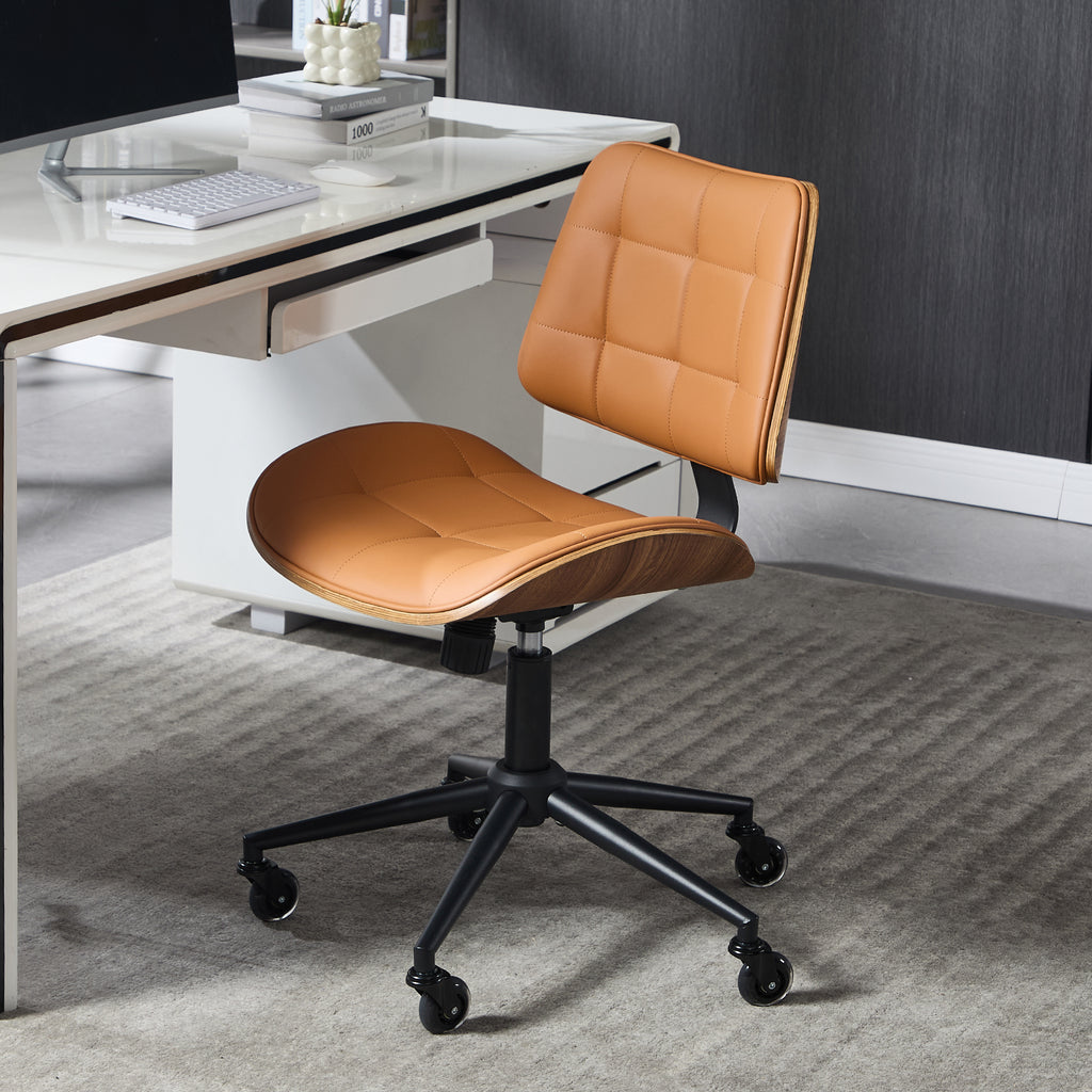 Home Office Desk Chair with Rubber Wheels, Armless Bentwood, Beige | Adjustable Height Armless Office Chair, PU Leather Mid Back 360°Small Computer Chair, No Arms Walnut Seating, 300LBS Support