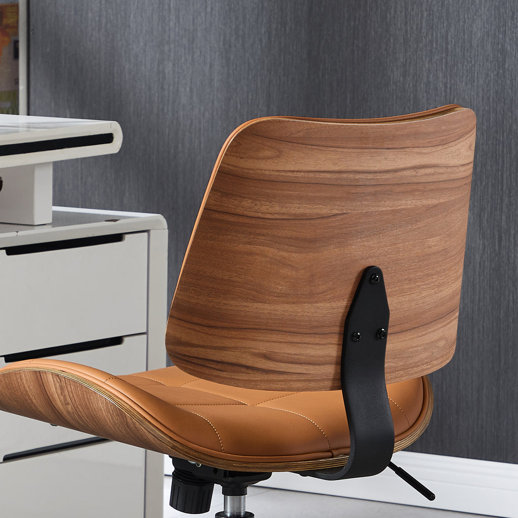 Home Office Desk Chair with Rubber Wheels, Armless Bentwood, Beige | Adjustable Height Armless Office Chair, PU Leather Mid Back 360°Small Computer Chair, No Arms Walnut Seating, 300LBS Support