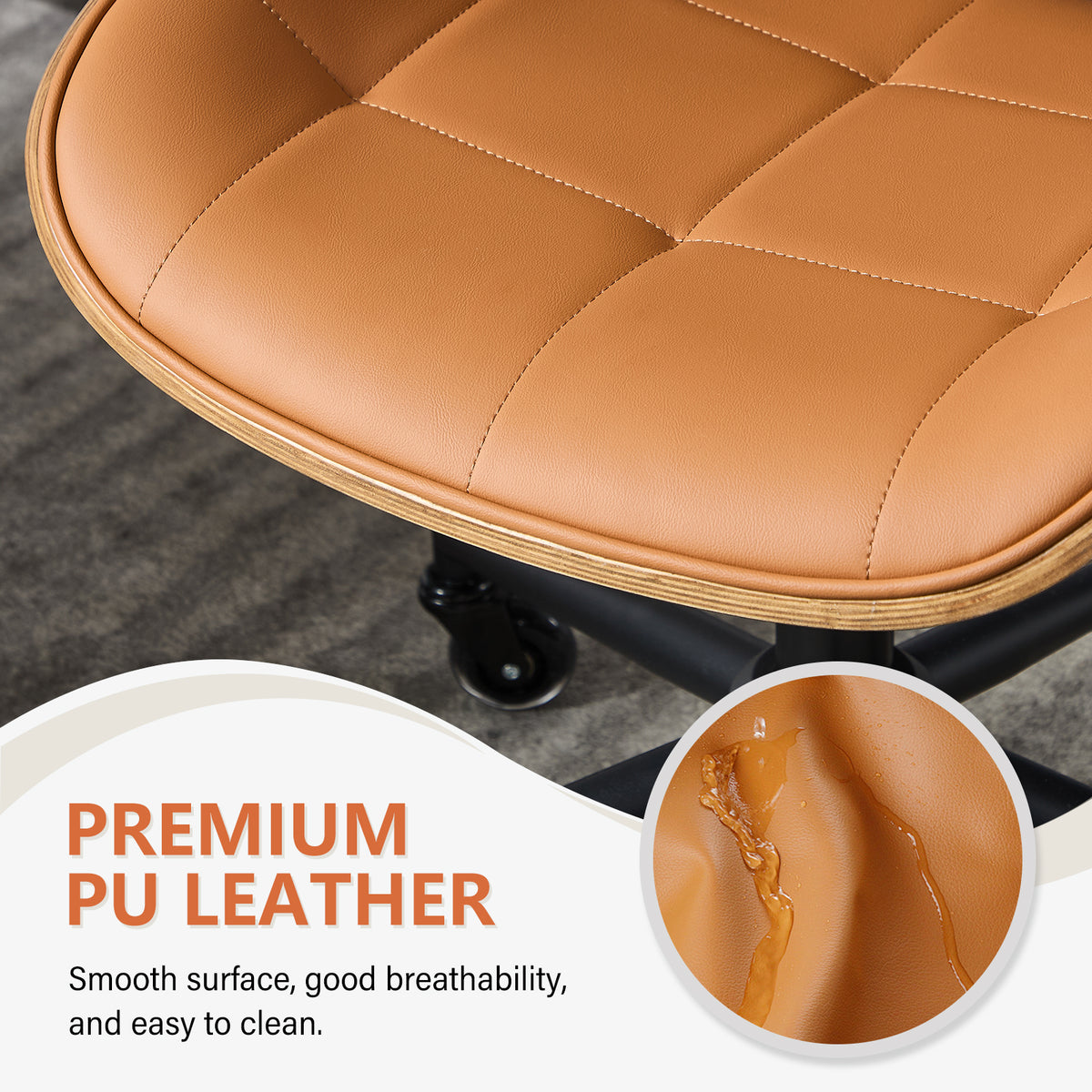 Home Office Desk Chair with Rubber Wheels, Armless Bentwood, Beige | Adjustable Height Armless Office Chair, PU Leather Mid Back 360°Small Computer Chair, No Arms Walnut Seating, 300LBS Support