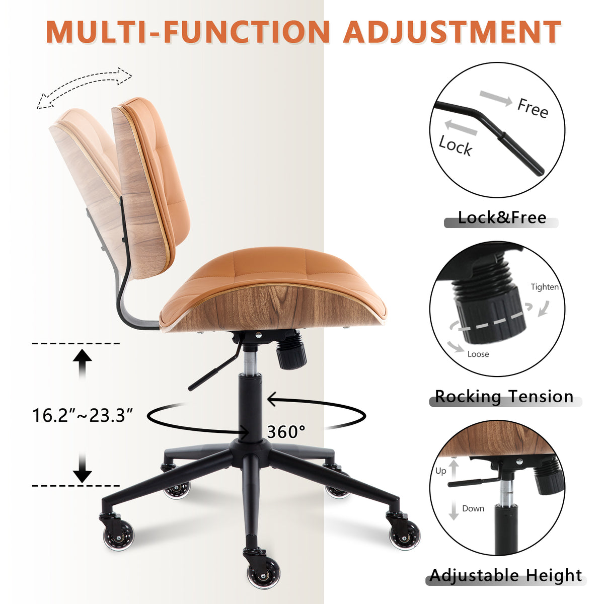 Home Office Desk Chair with Rubber Wheels, Armless Bentwood, Beige | Adjustable Height Armless Office Chair, PU Leather Mid Back 360°Small Computer Chair, No Arms Walnut Seating, 300LBS Support