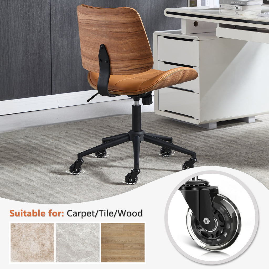 Home Office Desk Chair with Rubber Wheels, Armless Bentwood, Beige | Adjustable Height Armless Office Chair, PU Leather Mid Back 360°Small Computer Chair, No Arms Walnut Seating, 300LBS Support