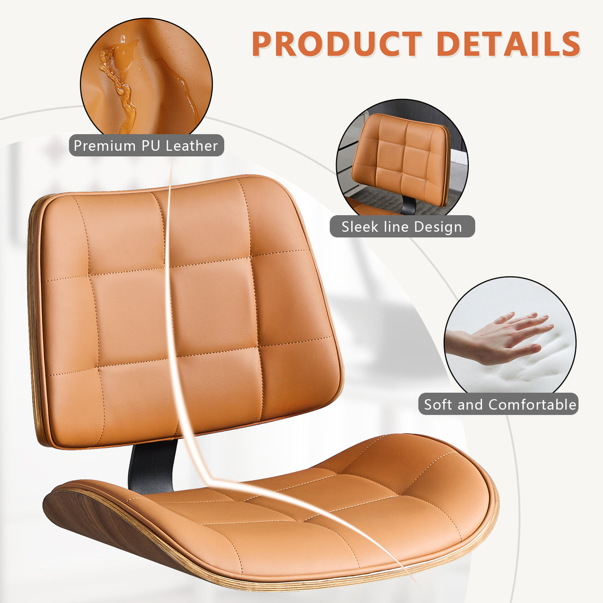 Home Office Desk Chair with Rubber Wheels, Armless Bentwood, Beige | Adjustable Height Armless Office Chair, PU Leather Mid Back 360°Small Computer Chair, No Arms Walnut Seating, 300LBS Support