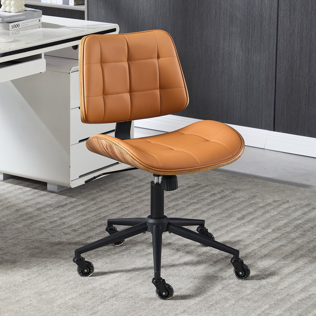 Home Office Desk Chair with Rubber Wheels, Armless Bentwood, Beige | Adjustable Height Armless Office Chair, PU Leather Mid Back 360°Small Computer Chair, No Arms Walnut Seating, 300LBS Support