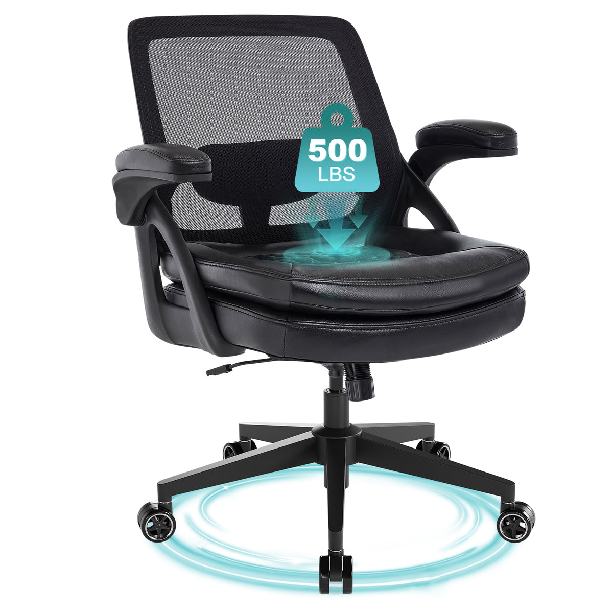 Big and Tall Office Chair, 500lbs Heavy Duty Ergonomic Mesh, Black | Flip-Up Armrests, Plus Size PU Leather Wide Seat, 360° Swivel Computer Executive Task Chair for Home Office, Up to 500LBS Cap