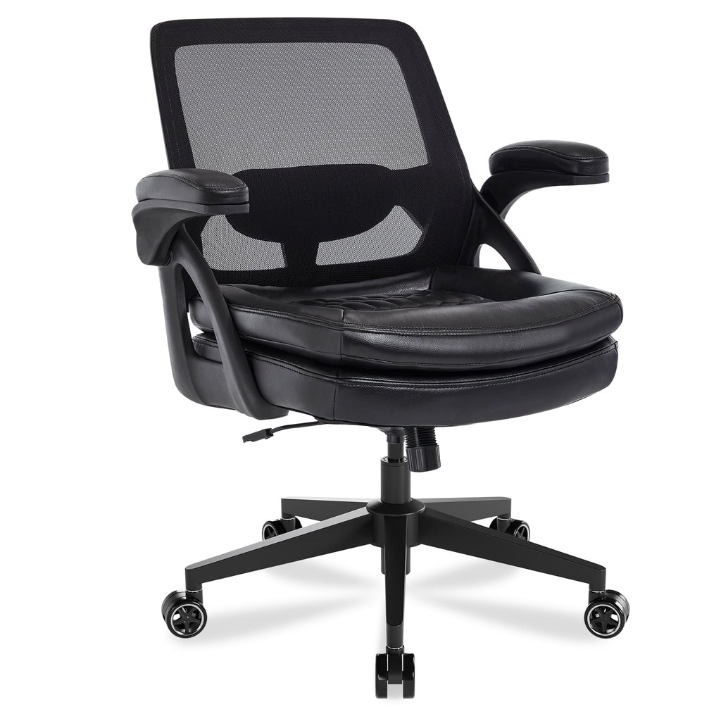 Big and Tall Office Chair, 500lbs Heavy Duty Ergonomic Mesh, Black | Flip-Up Armrests, Plus Size PU Leather Wide Seat, 360° Swivel Computer Executive Task Chair for Home Office, Up to 500LBS Cap