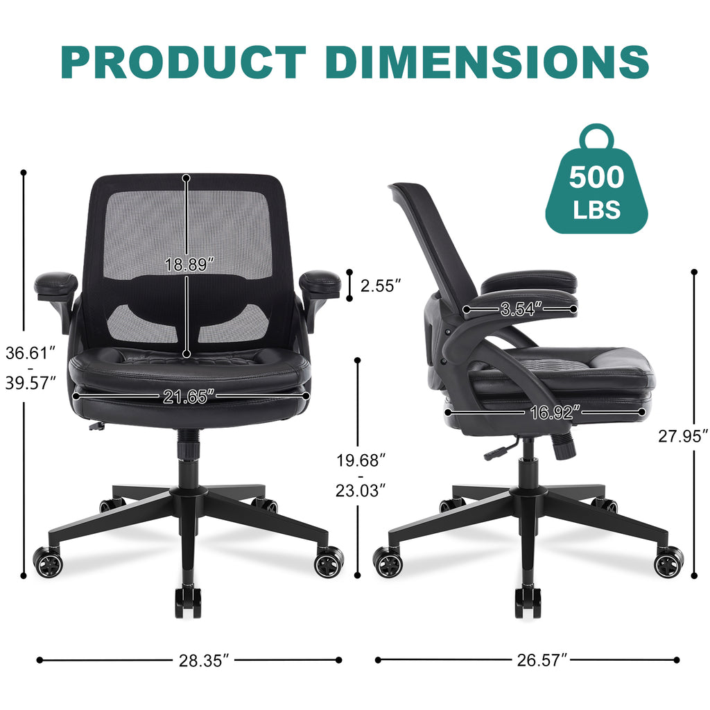 Big and Tall Office Chair, 500lbs Heavy Duty Ergonomic Mesh, Black | Flip-Up Armrests, Plus Size PU Leather Wide Seat, 360° Swivel Computer Executive Task Chair for Home Office, Up to 500LBS Cap