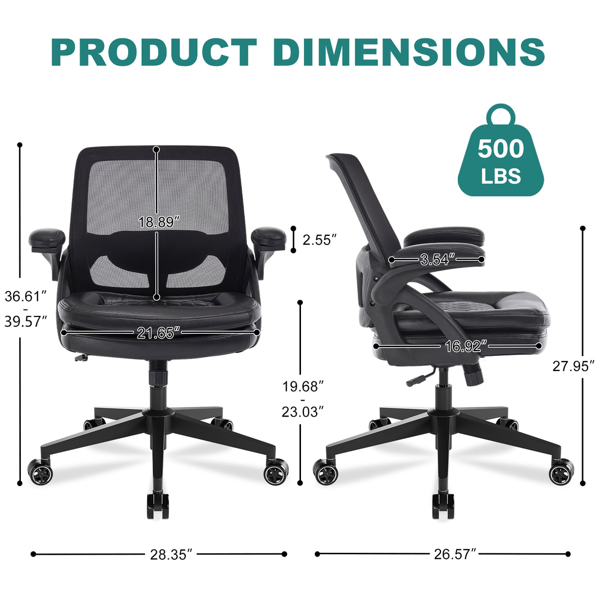 Big and Tall Office Chair, 500lbs Heavy Duty Ergonomic Mesh, Black | Flip-Up Armrests, Plus Size PU Leather Wide Seat, 360° Swivel Computer Executive Task Chair for Home Office, Up to 500LBS Cap