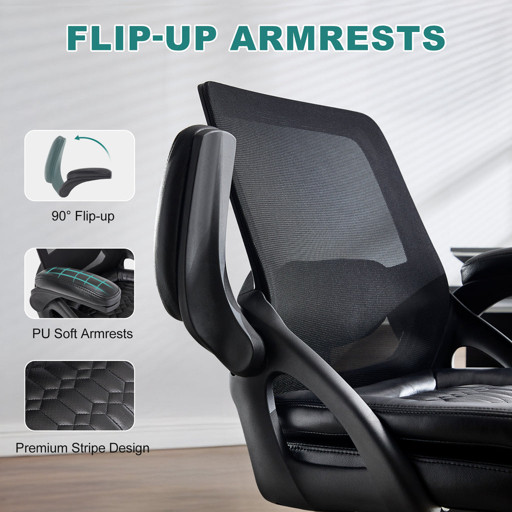 Big and Tall Office Chair, 500lbs Heavy Duty Ergonomic Mesh, Black | Flip-Up Armrests, Plus Size PU Leather Wide Seat, 360° Swivel Computer Executive Task Chair for Home Office, Up to 500LBS Cap