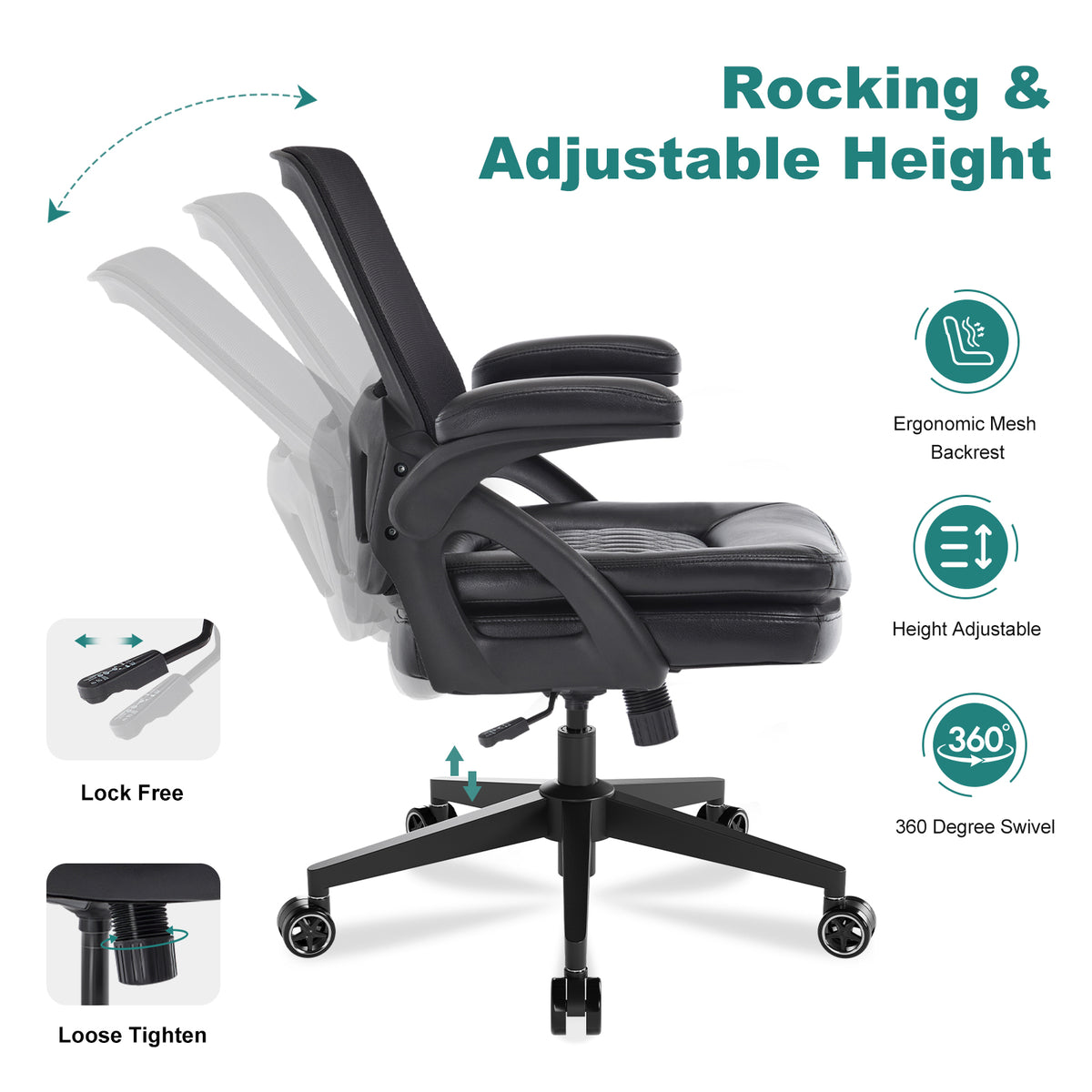 Big and Tall Office Chair, 500lbs Heavy Duty Ergonomic Mesh, Black | Flip-Up Armrests, Plus Size PU Leather Wide Seat, 360° Swivel Computer Executive Task Chair for Home Office, Up to 500LBS Cap