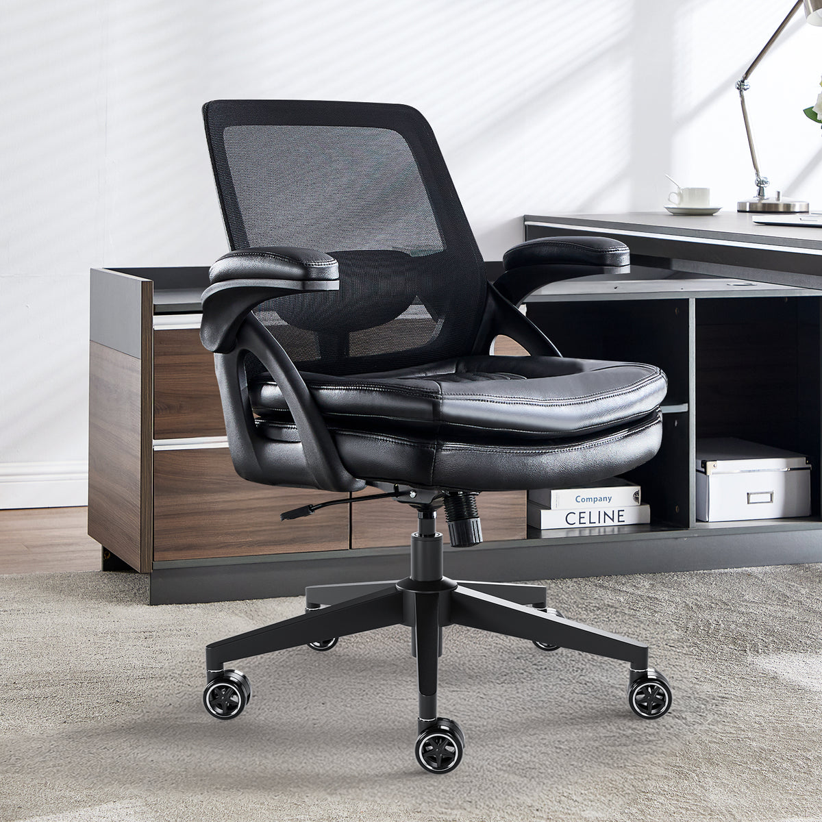 Big and Tall Office Chair, 500lbs Heavy Duty Ergonomic Mesh, Black | Flip-Up Armrests, Plus Size PU Leather Wide Seat, 360° Swivel Computer Executive Task Chair for Home Office, Up to 500LBS Cap