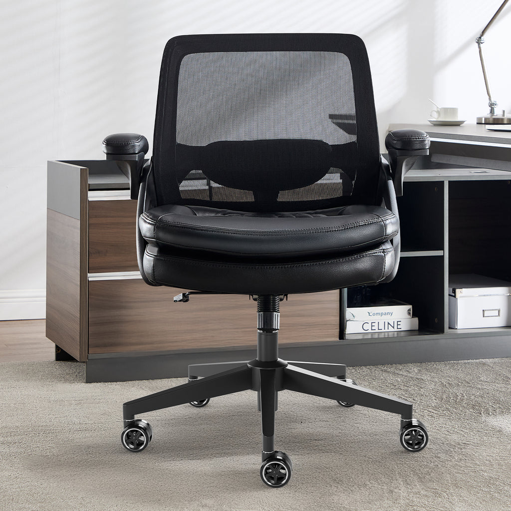 Big and Tall Office Chair, 500lbs Heavy Duty Ergonomic Mesh, Black | Flip-Up Armrests, Plus Size PU Leather Wide Seat, 360° Swivel Computer Executive Task Chair for Home Office, Up to 500LBS Cap