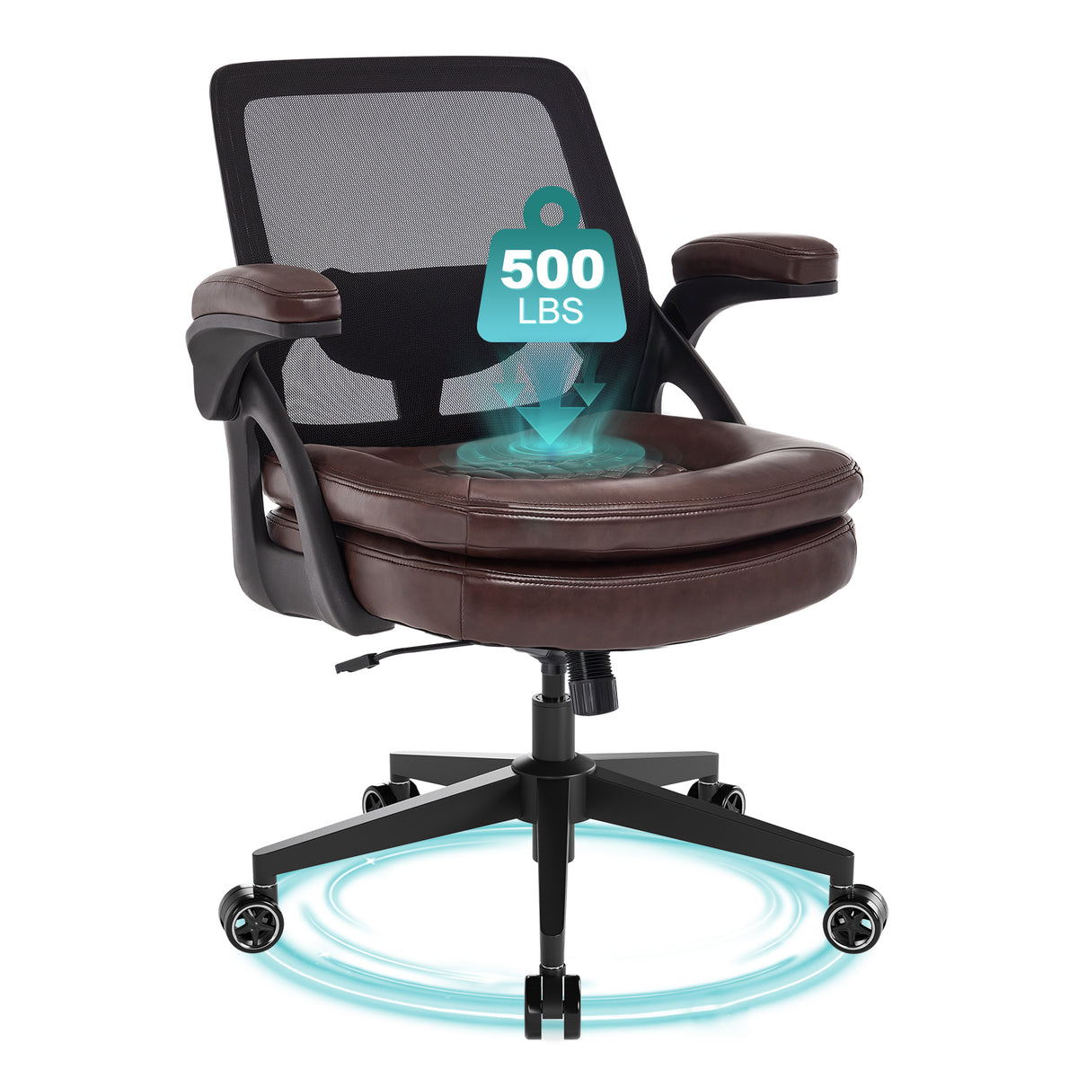 Big and Tall Office Chair, 500lbs Heavy Duty Ergonomic Mesh, Black | Flip-Up Armrests, Plus Size PU Leather Wide Seat, 360° Swivel Computer Executive Task Chair for Home Office, Up to 500LBS Cap