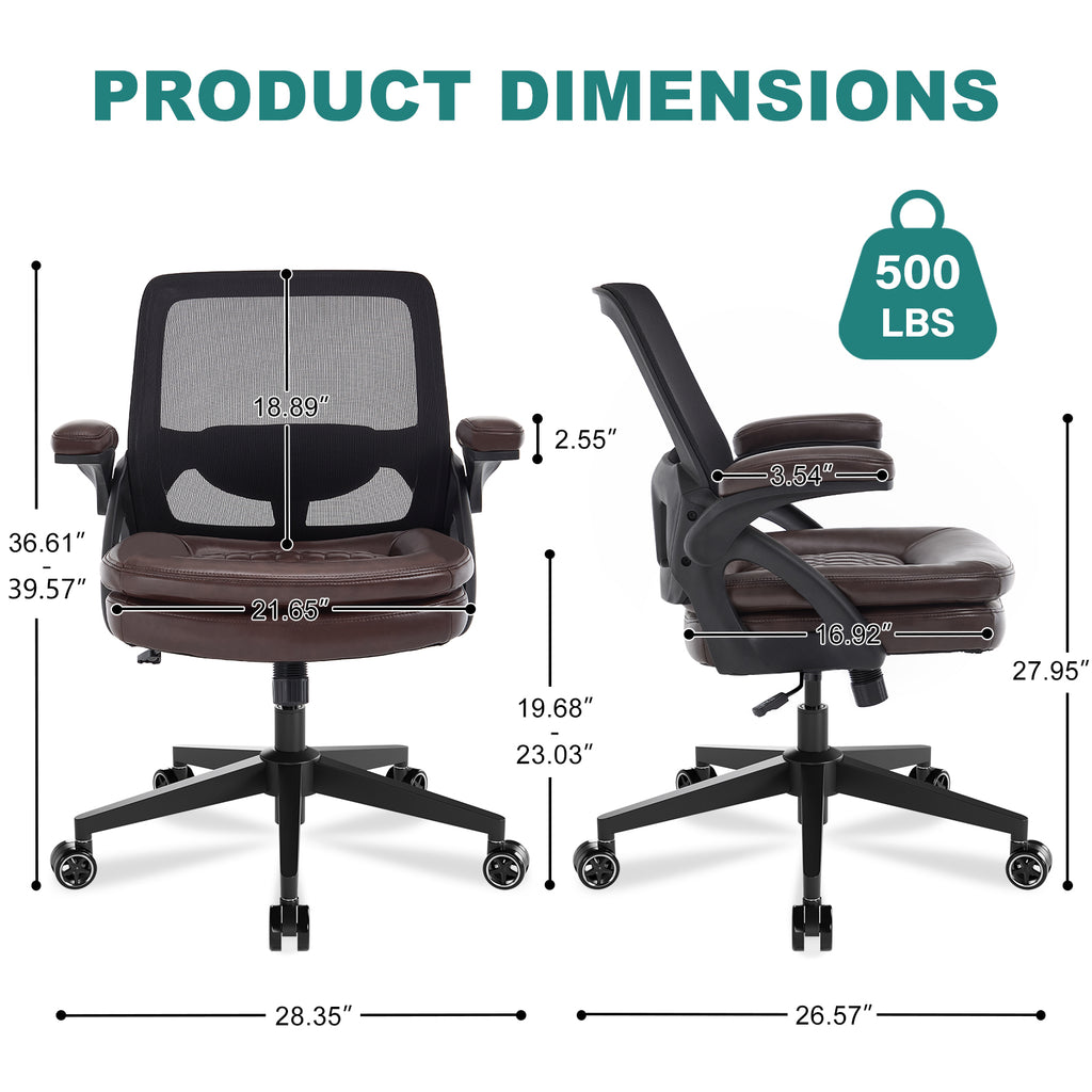 Big and Tall Office Chair, 500lbs Heavy Duty Ergonomic Mesh, Black | Flip-Up Armrests, Plus Size PU Leather Wide Seat, 360° Swivel Computer Executive Task Chair for Home Office, Up to 500LBS Cap