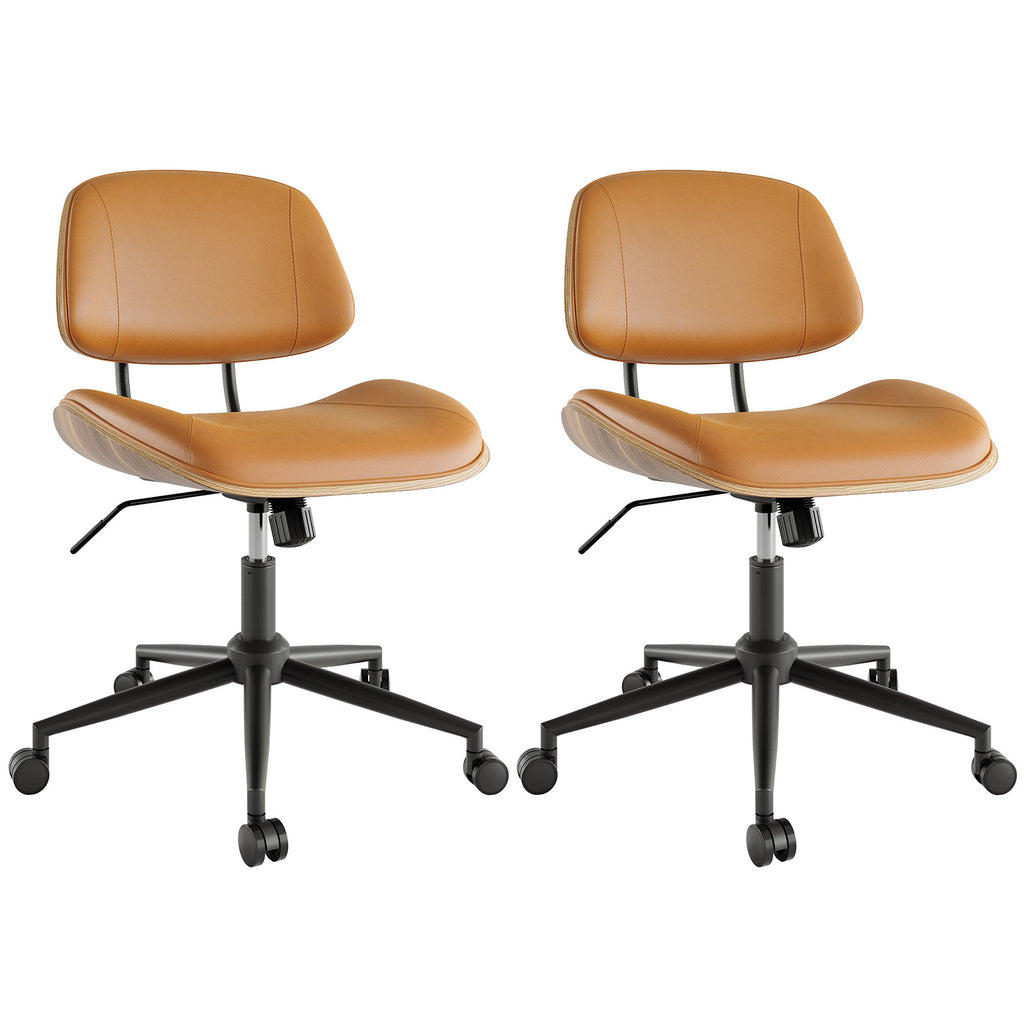 Armless Office Chair with Wheels, PU Leather Desk Chair, Black | Adjustable Height Task Chair, 360° Swivel Ergonomic Computer Chair for Small Space, Modern Walnut Style, Home & Meeting Room