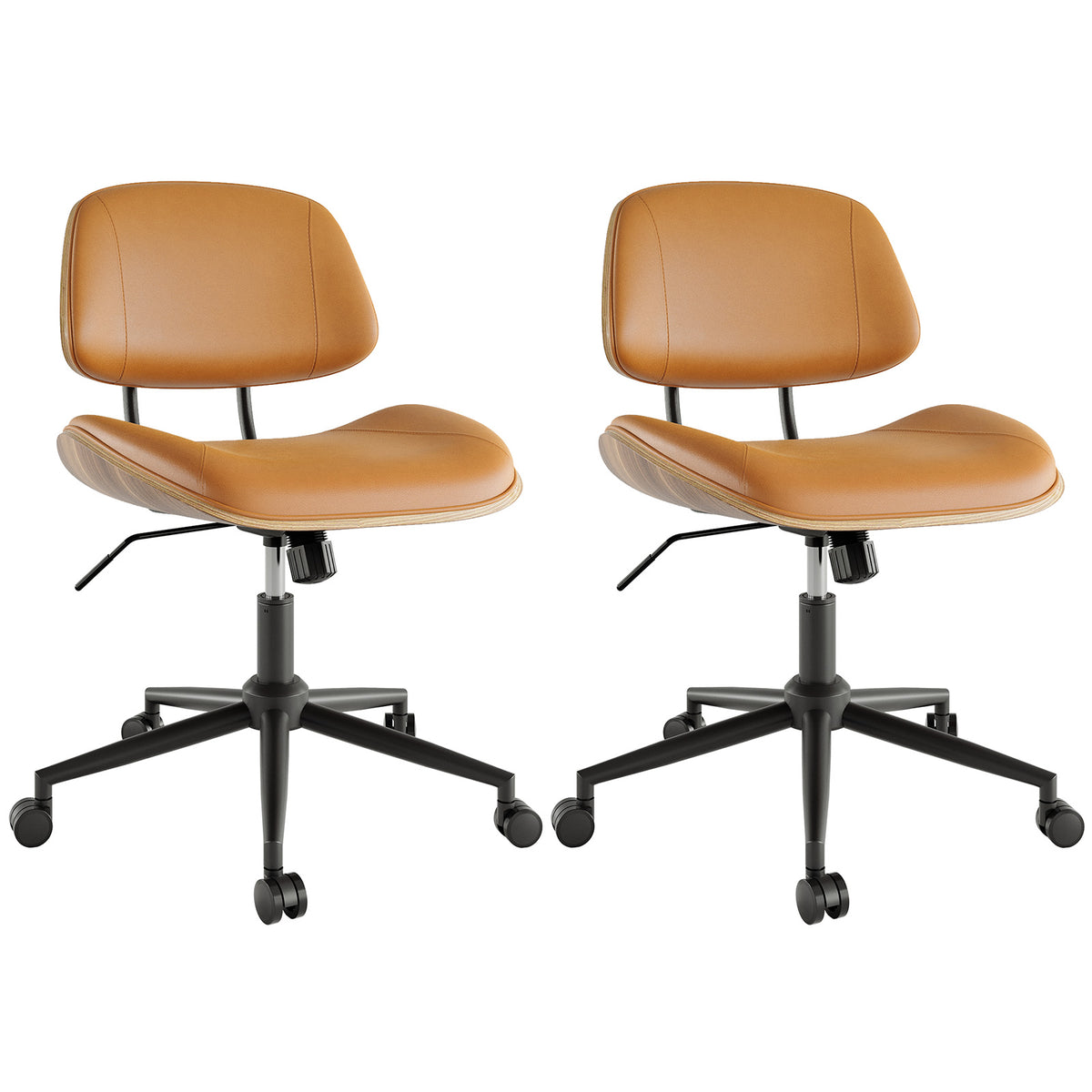 Armless Office Chair with Wheels, PU Leather Desk Chair, Black | Adjustable Height Task Chair, 360° Swivel Ergonomic Computer Chair for Small Space, Modern Walnut Style, Home & Meeting Room
