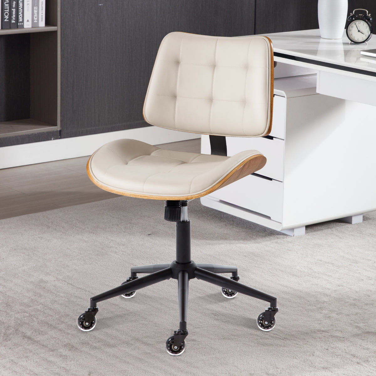 Home Office Desk Chair with Rubber Wheels, Armless Bentwood, Beige | Adjustable Height Armless Office Chair, PU Leather Mid Back 360°Small Computer Chair, No Arms Walnut Seating, 300LBS Support