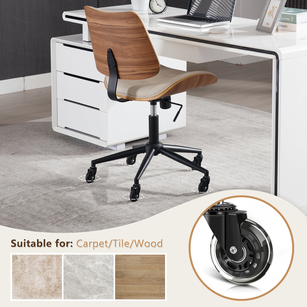 Home Office Desk Chair with Rubber Wheels, Armless Bentwood, Beige | Adjustable Height Armless Office Chair, PU Leather Mid Back 360°Small Computer Chair, No Arms Walnut Seating, 300LBS Support