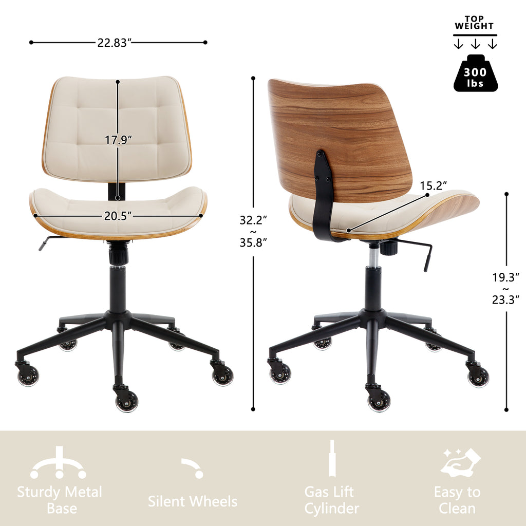 Home Office Desk Chair with Rubber Wheels, Armless Bentwood, Beige | Adjustable Height Armless Office Chair, PU Leather Mid Back 360°Small Computer Chair, No Arms Walnut Seating, 300LBS Support