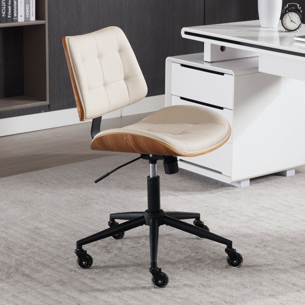 Home Office Desk Chair with Rubber Wheels, Armless Bentwood, Beige | Adjustable Height Armless Office Chair, PU Leather Mid Back 360°Small Computer Chair, No Arms Walnut Seating, 300LBS Support