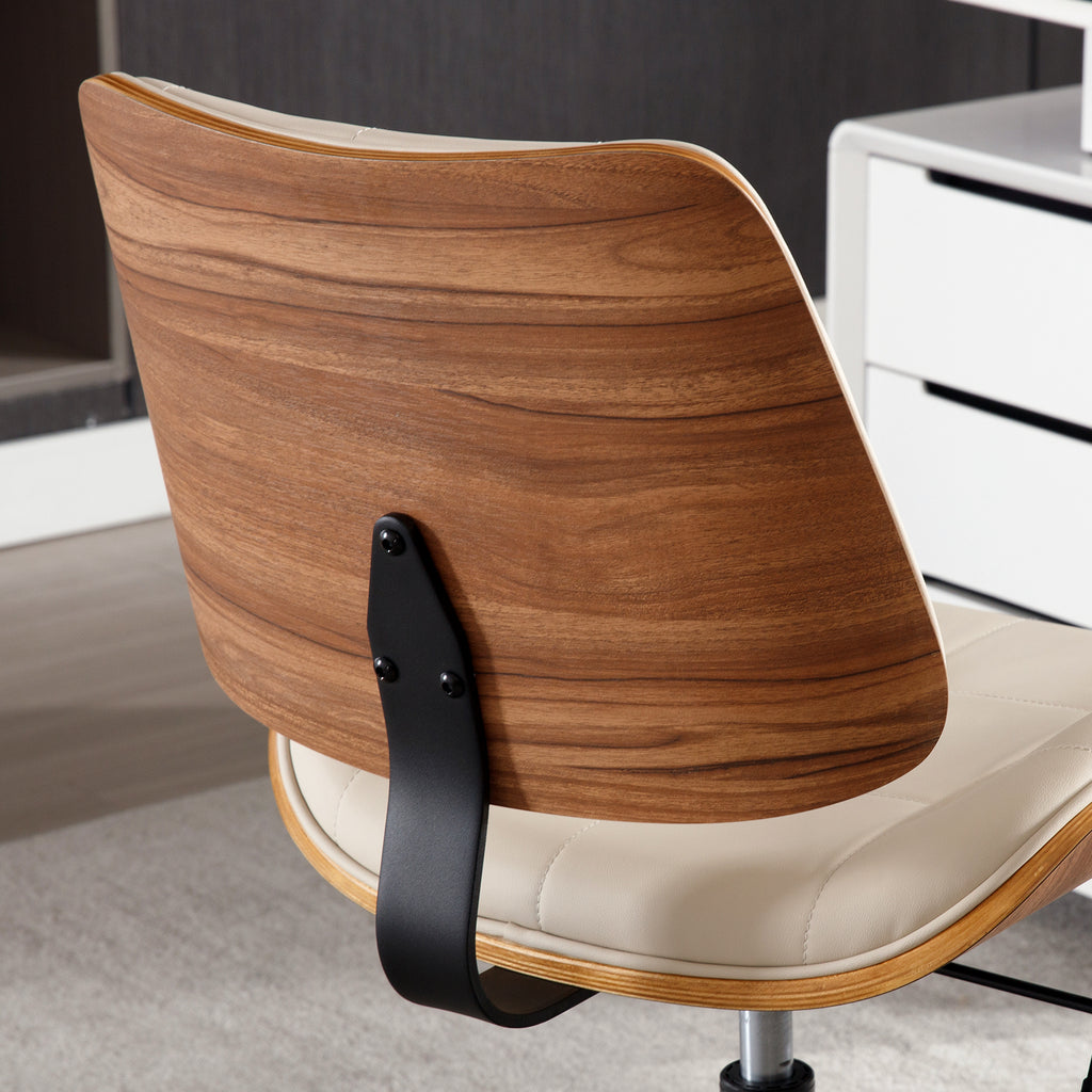 Home Office Desk Chair with Rubber Wheels, Armless Bentwood, Beige | Adjustable Height Armless Office Chair, PU Leather Mid Back 360°Small Computer Chair, No Arms Walnut Seating, 300LBS Support