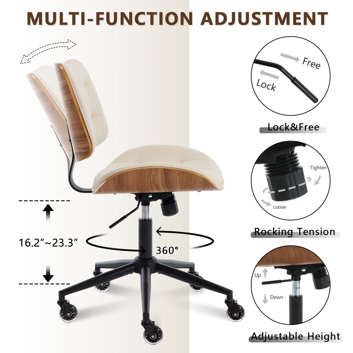 Home Office Desk Chair with Rubber Wheels, Armless Bentwood, Beige | Adjustable Height Armless Office Chair, PU Leather Mid Back 360°Small Computer Chair, No Arms Walnut Seating, 300LBS Support
