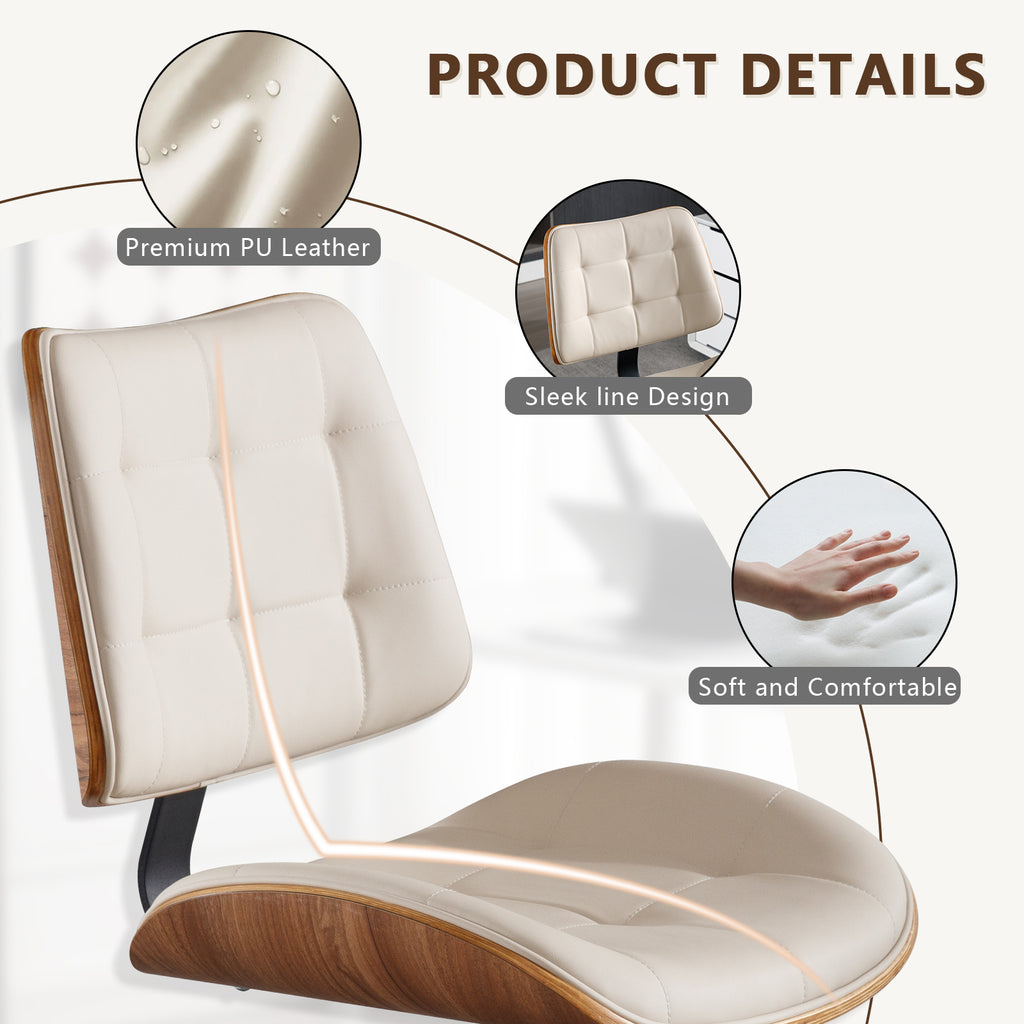 Home Office Desk Chair with Rubber Wheels, Armless Bentwood, Beige | Adjustable Height Armless Office Chair, PU Leather Mid Back 360°Small Computer Chair, No Arms Walnut Seating, 300LBS Support